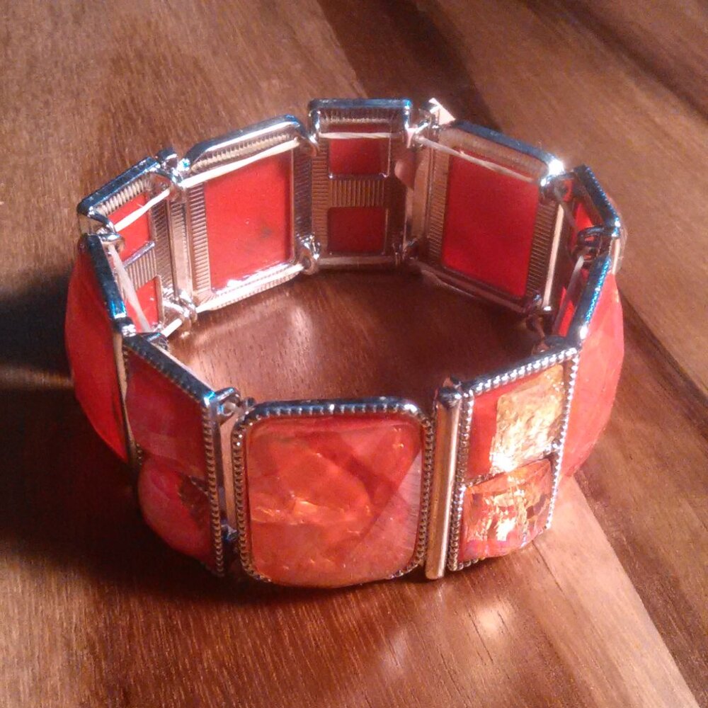 Shimmery Red Multi-Stone Silvertone Stretch Bracelet